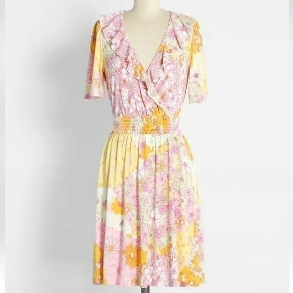 Plus size ModCloth Floral Wrap Dress in Pink and Yellow